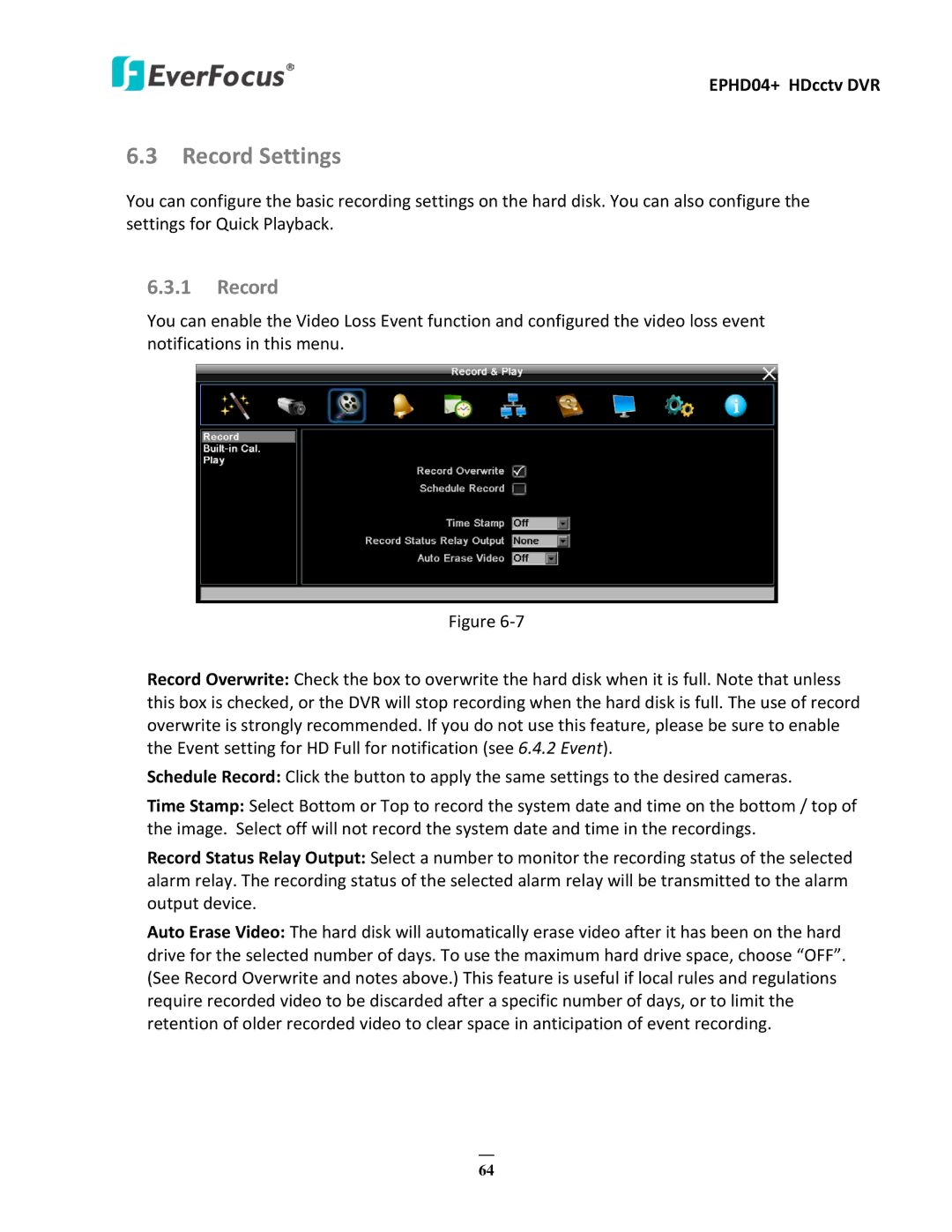 EverFocus EPHD04+ user manual Record Settings 