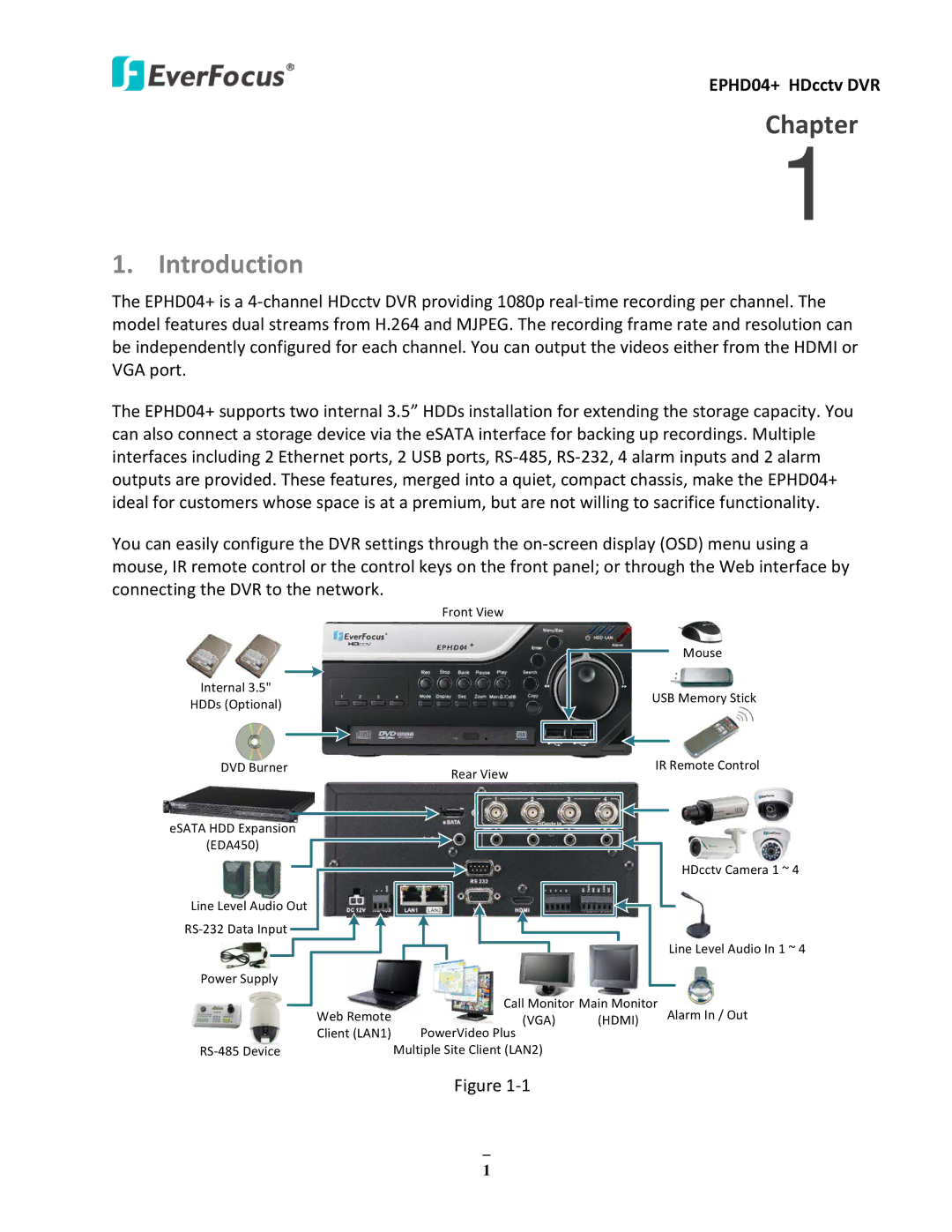 EverFocus user manual Introduction, EPHD04+ HDcctv DVR 