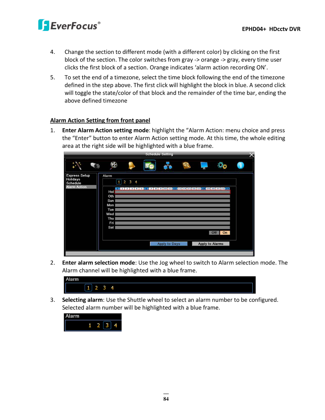 EverFocus EPHD04+ user manual Alarm Action Setting from front panel 