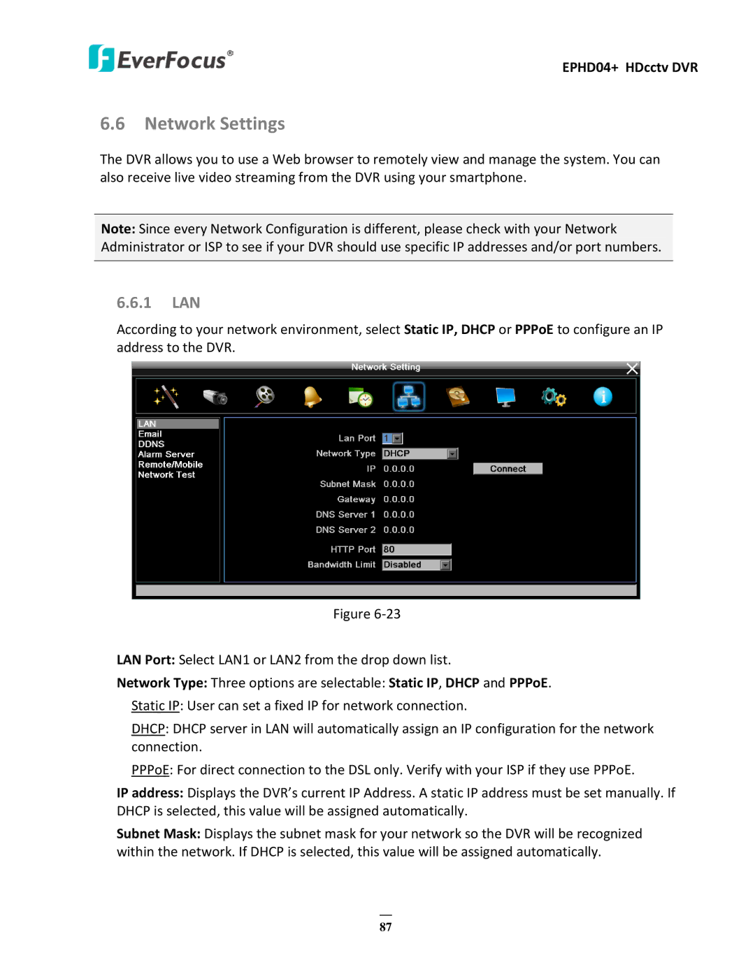 EverFocus EPHD04+ user manual Network Settings, 1 LAN 