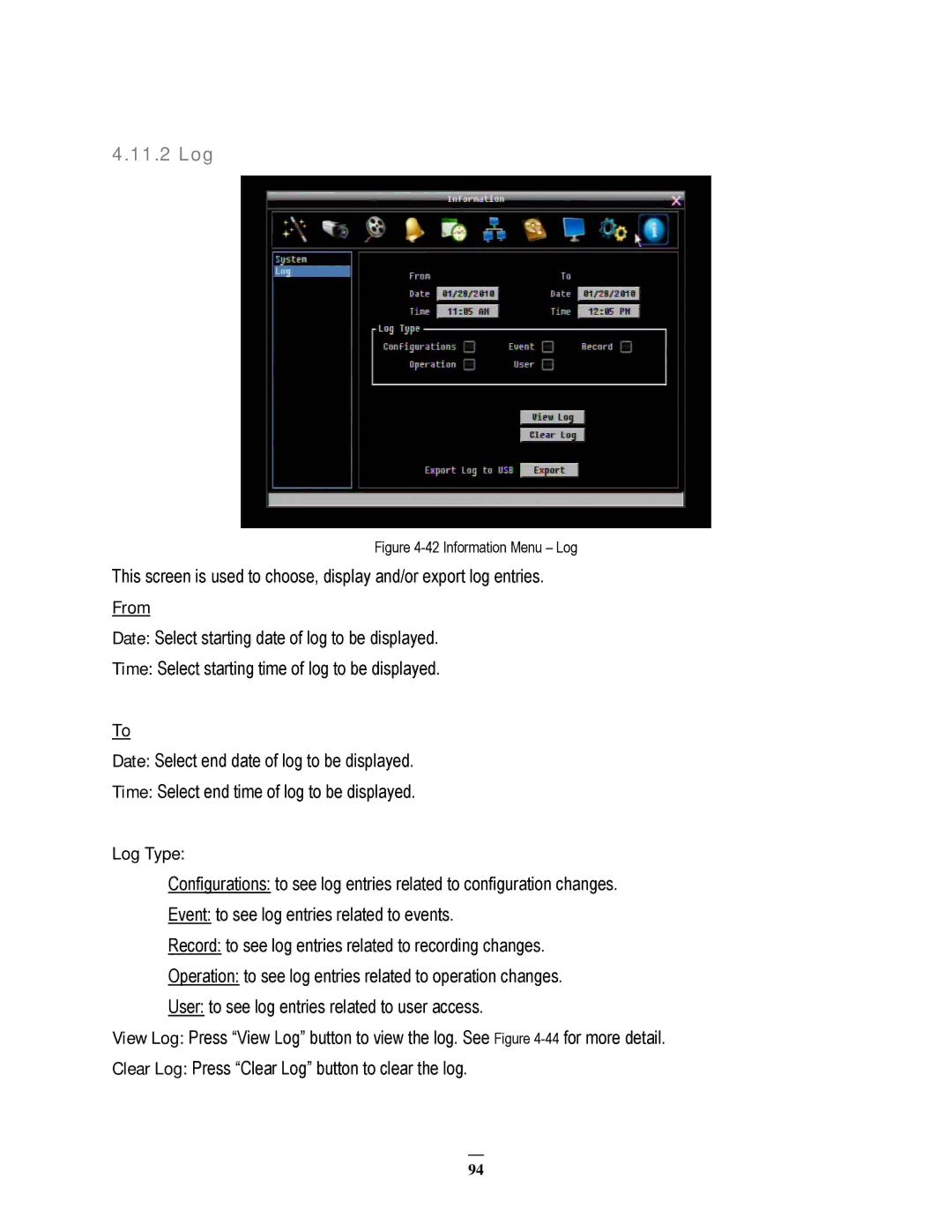 EverFocus EPHD08 user manual 11.2 Log, Log Type 