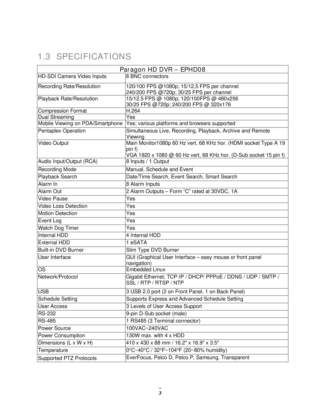 EverFocus user manual Specifications, Paragon HD DVR EPHD08 