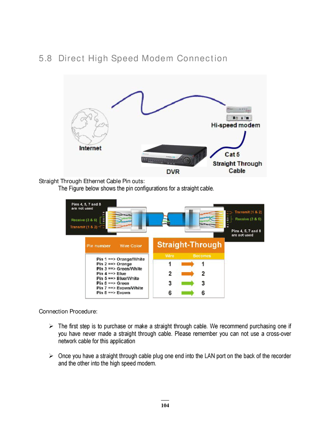 EverFocus EPHD08 user manual Direct High Speed Modem Connection, Straight Through Ethernet Cable Pin outs 