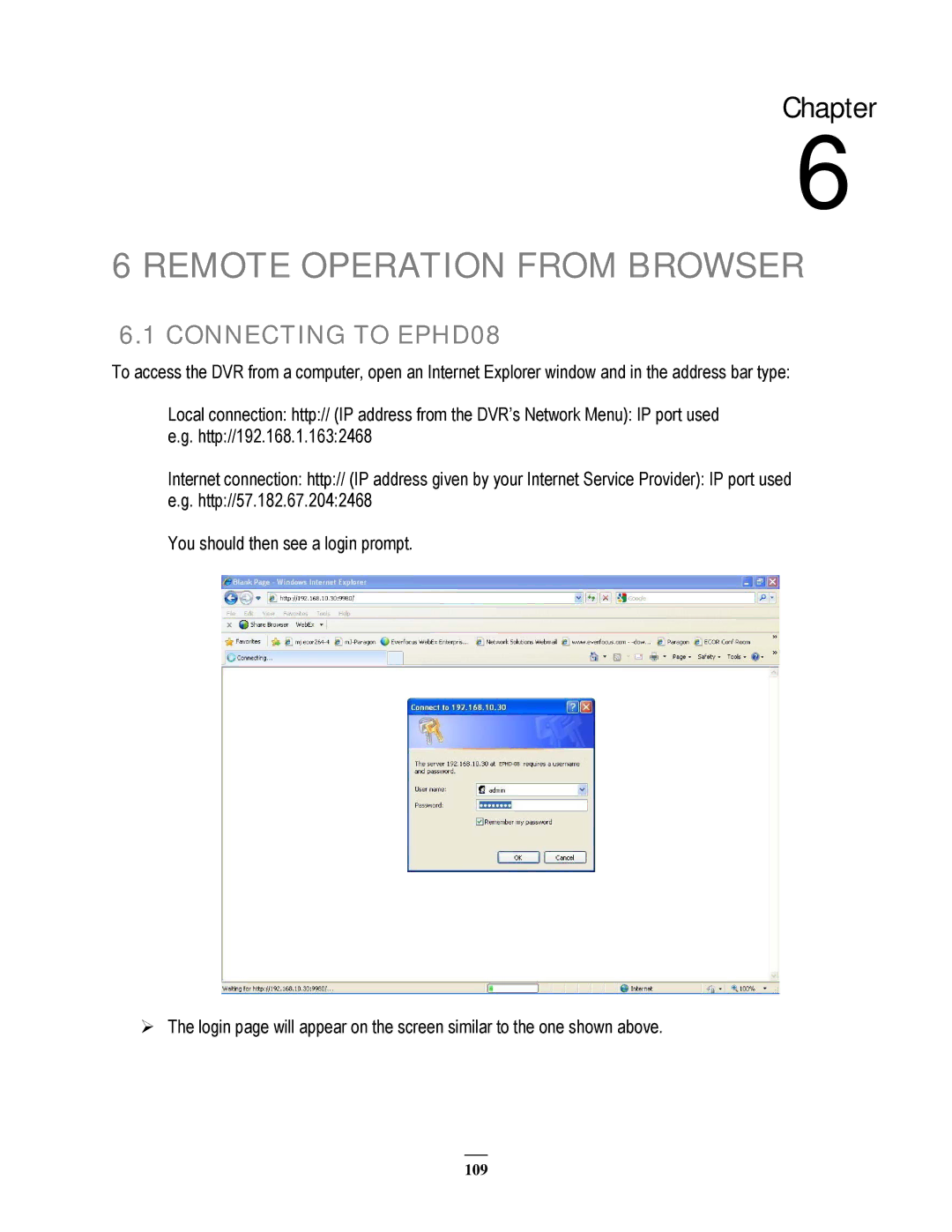 EverFocus user manual Remote Operation from Browser, Connecting to EPHD08 