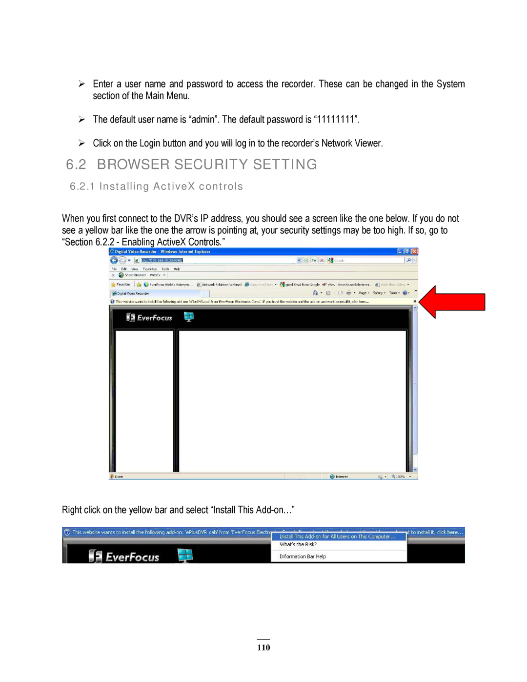 EverFocus EPHD08 user manual Browser Security Setting, Installing ActiveX controls 