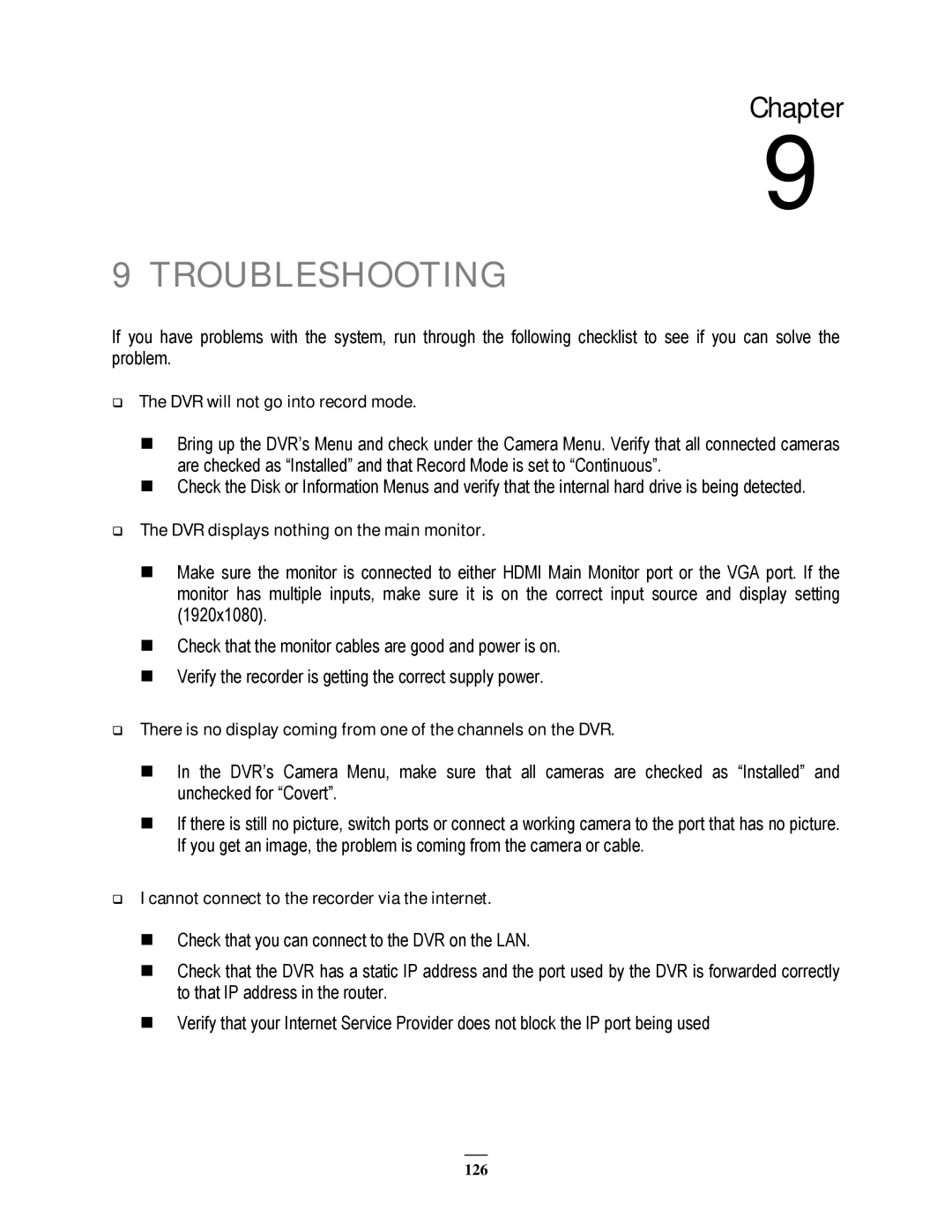 EverFocus EPHD08 user manual  The DVR will not go into record mode,  The DVR displays nothing on the main monitor 