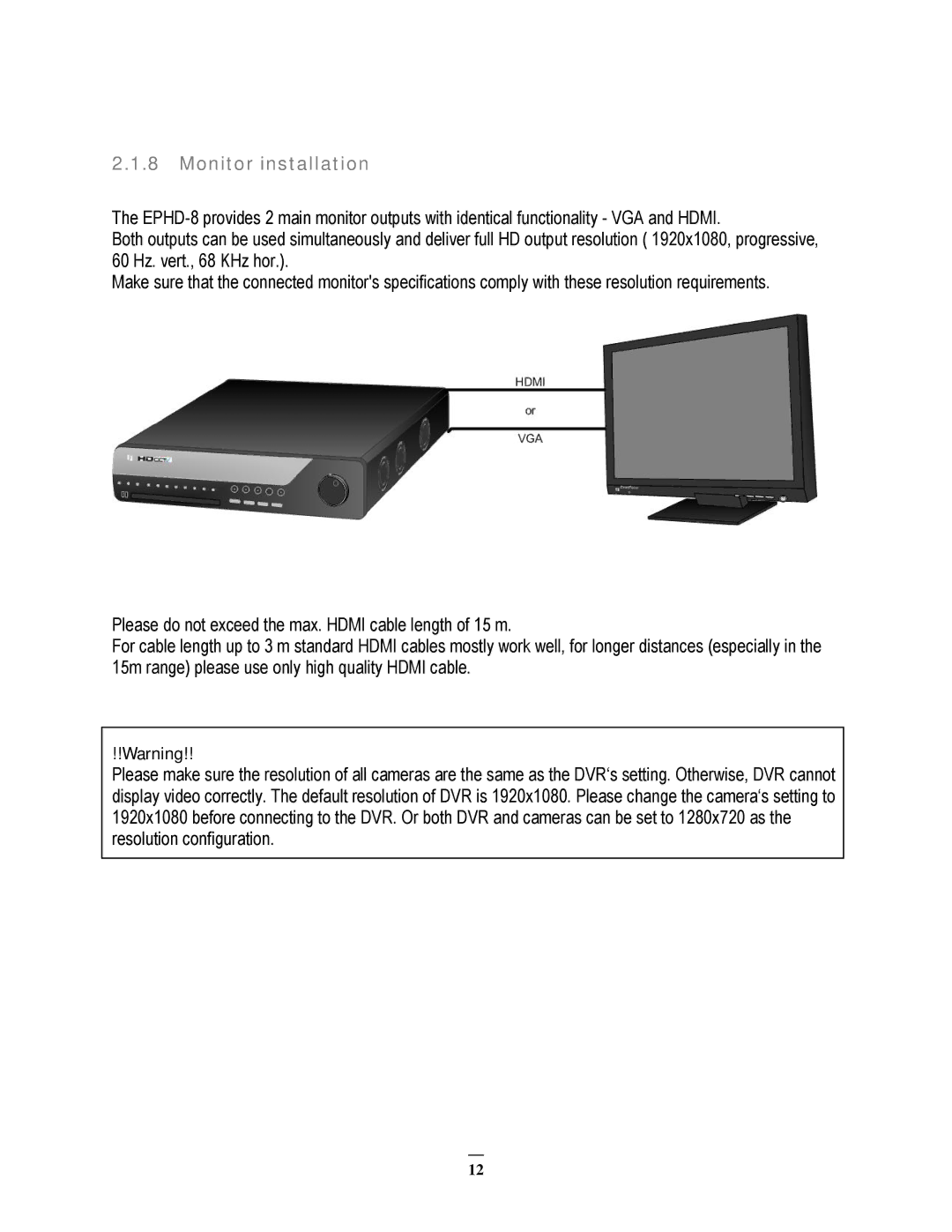 EverFocus EPHD08 user manual Monitor installation 