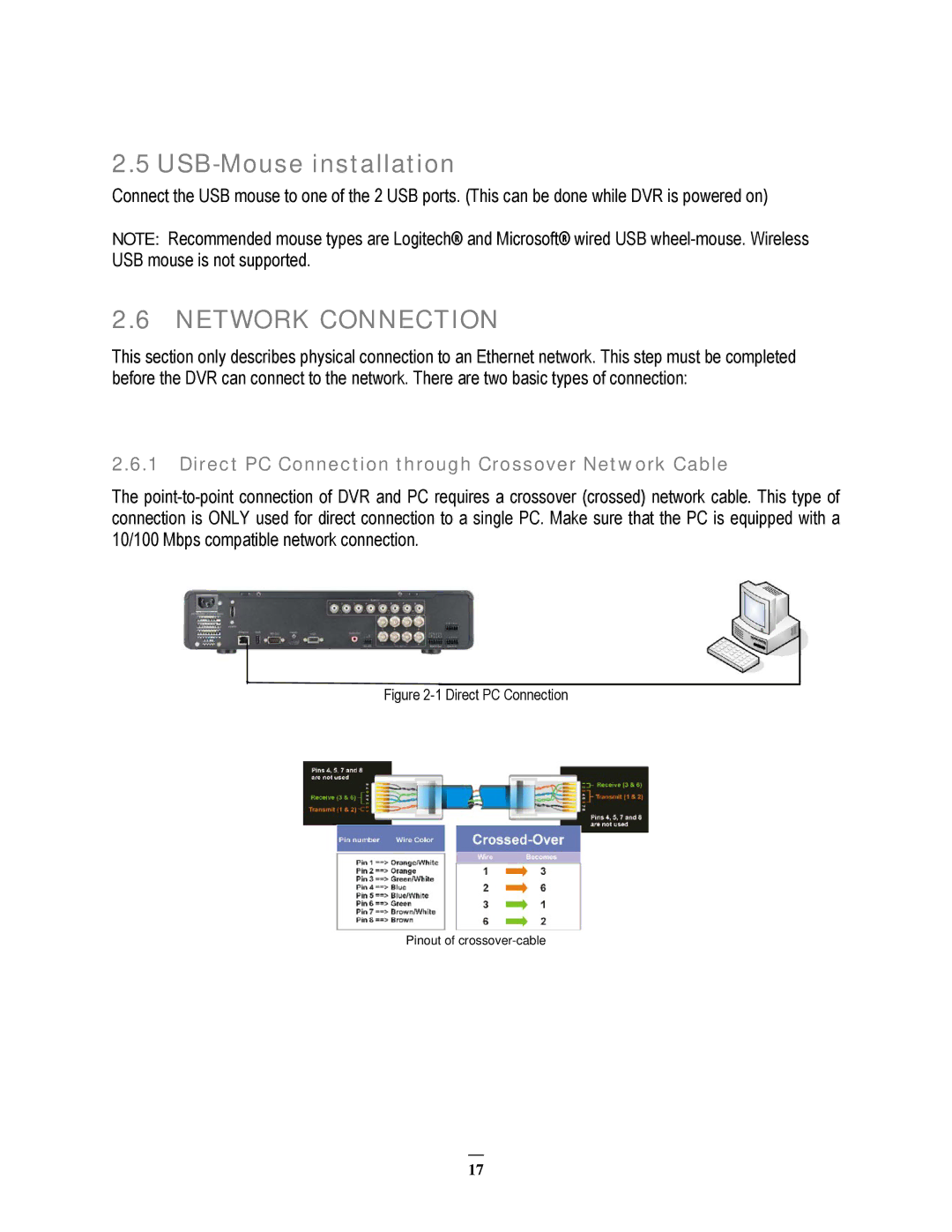 EverFocus EPHD08 USB-Mouse installation, Network Connection, Direct PC Connection through Crossover Network Cable 