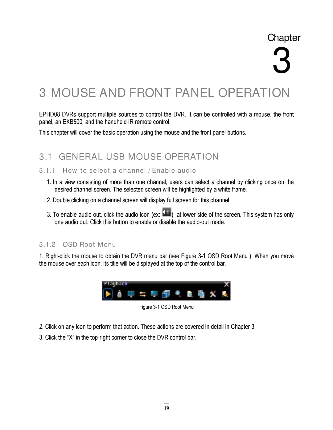 EverFocus EPHD08 user manual General USB Mouse Operation, How to select a channel / Enable audio, OSD Root Menu 