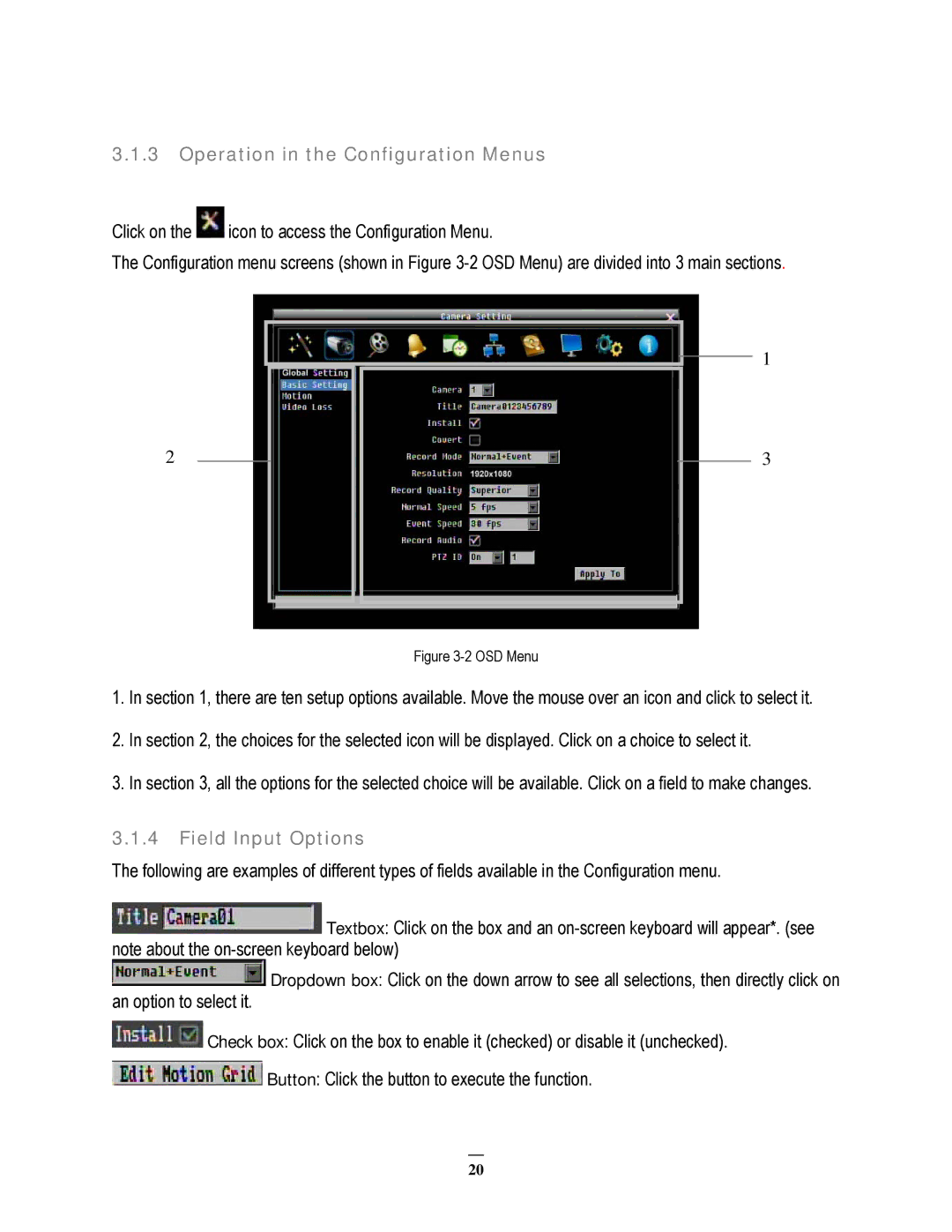 EverFocus EPHD08 user manual Operation in the Configuration Menus, Field Input Options 