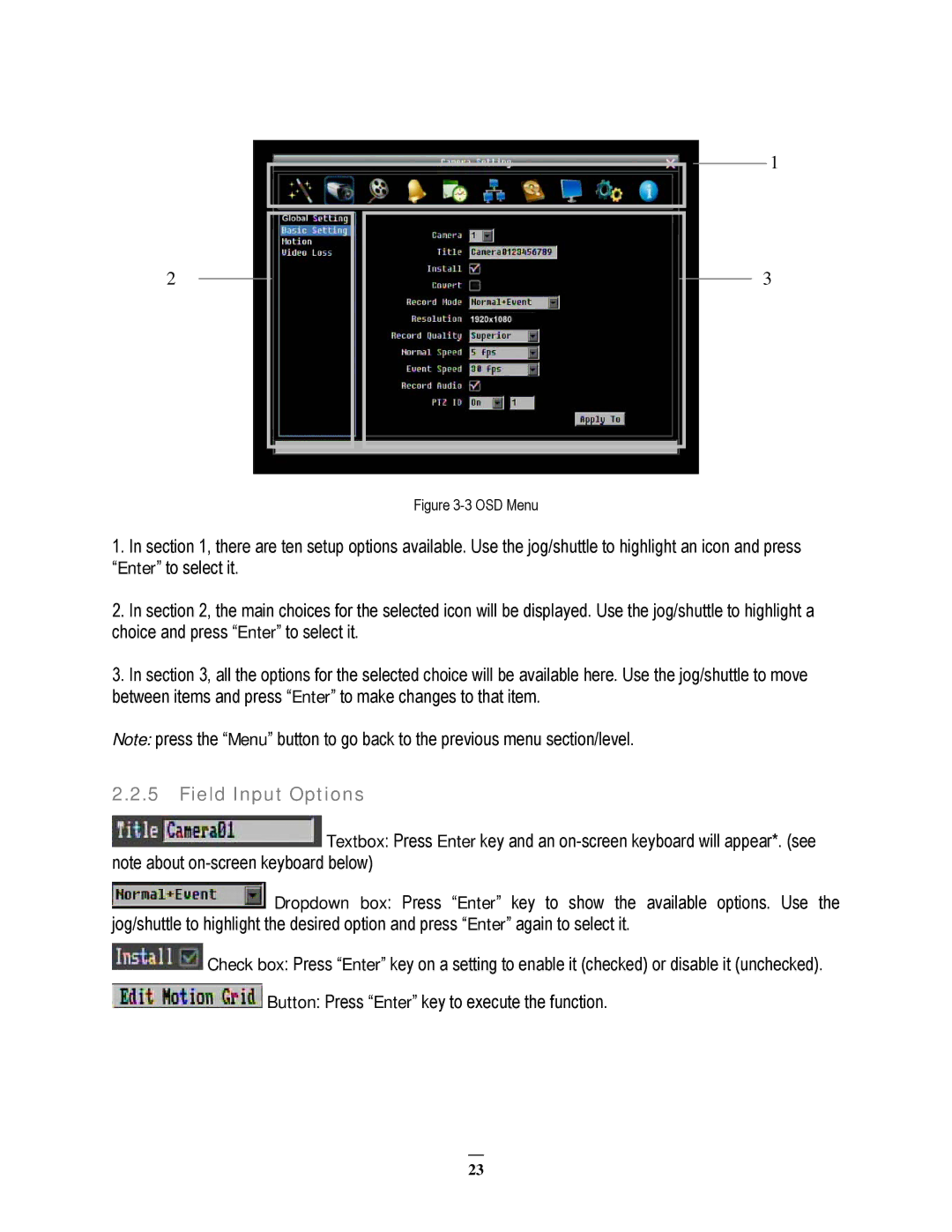 EverFocus EPHD08 user manual Field Input Options 