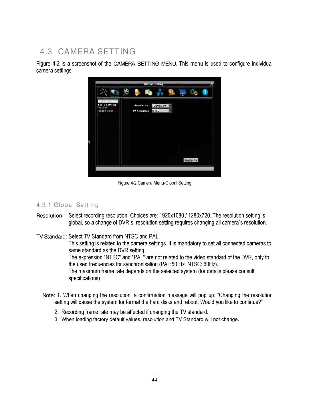 EverFocus EPHD08 user manual Camera Setting, Global Setting 