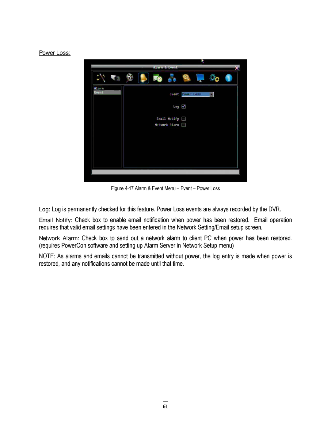 EverFocus EPHD08 user manual Alarm & Event Menu Event Power Loss 