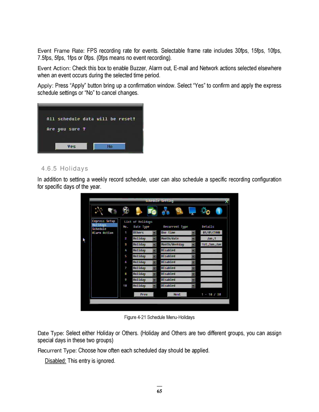 EverFocus EPHD08 user manual Schedule Menu-Holidays 