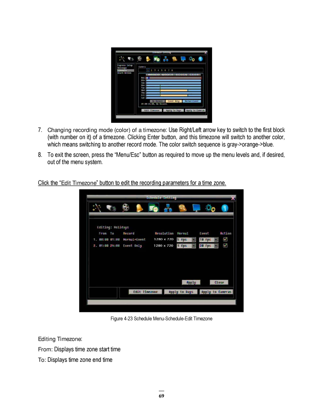 EverFocus EPHD08 user manual Editing Timezone, Schedule Menu-Schedule-Edit Timezone 