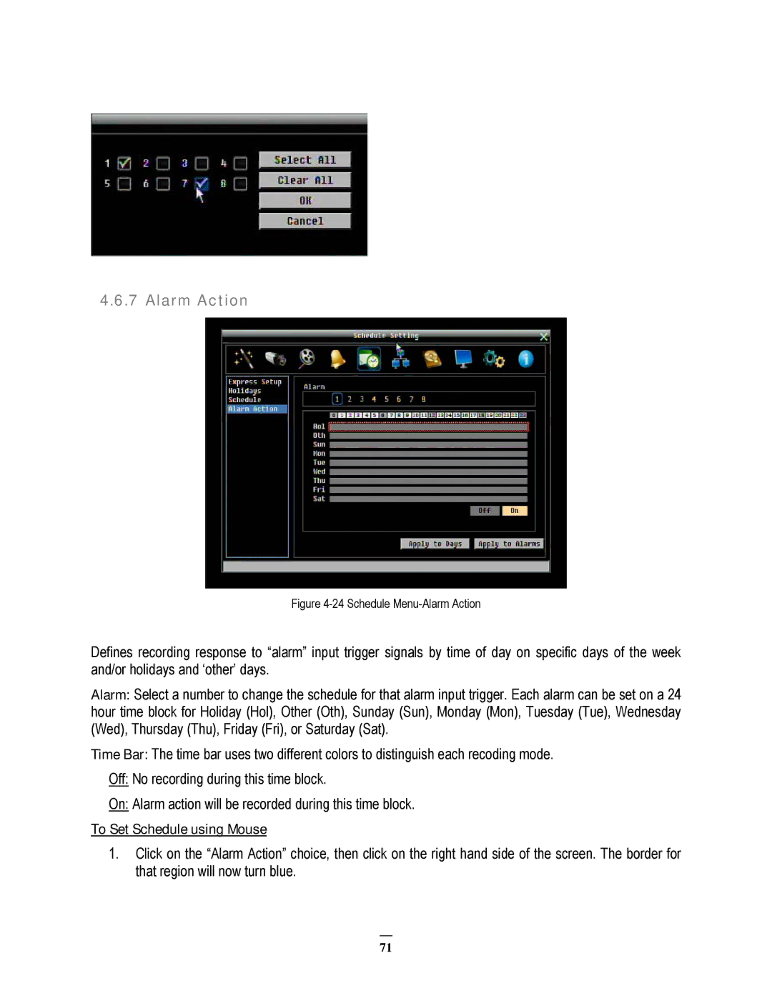 EverFocus EPHD08 user manual Schedule Menu-Alarm Action 