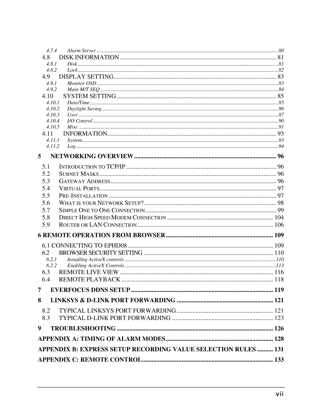 EverFocus EPHD08 user manual Display Setting, Vii 