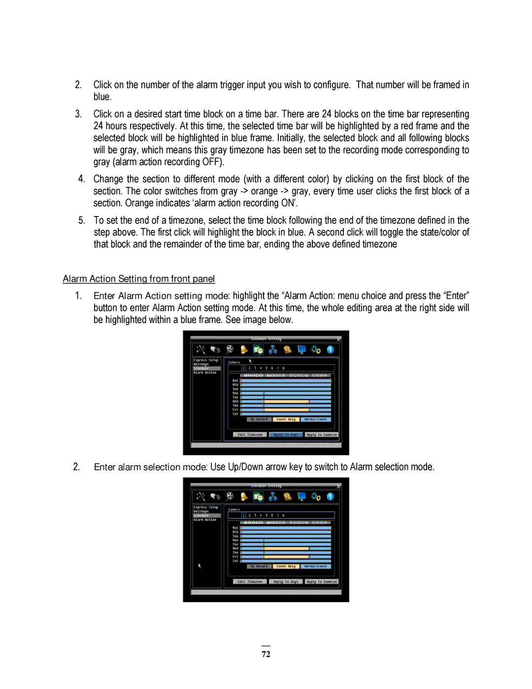 EverFocus EPHD08 user manual Alarm Action Setting from front panel 