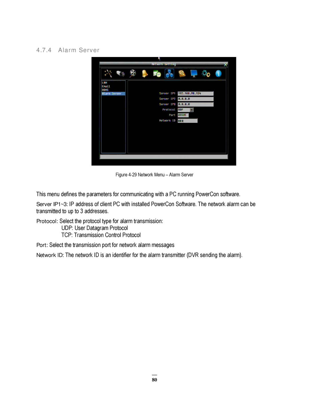 EverFocus EPHD08 user manual Network Menu Alarm Server 