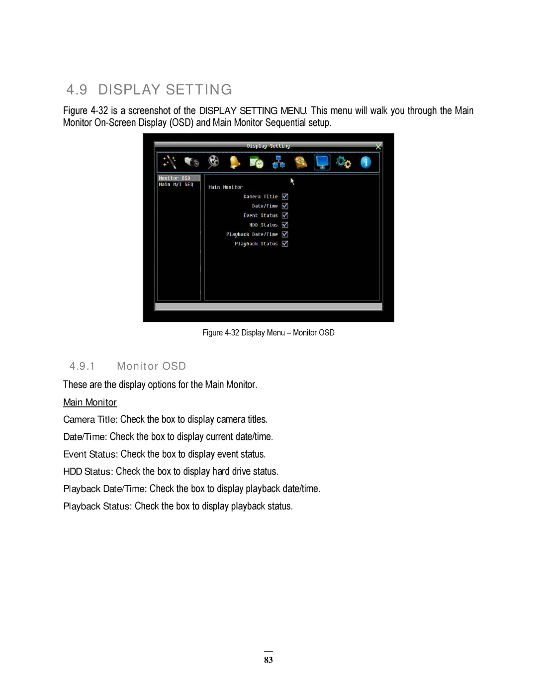 EverFocus EPHD08 user manual Display Setting, Monitor OSD, Main Monitor 