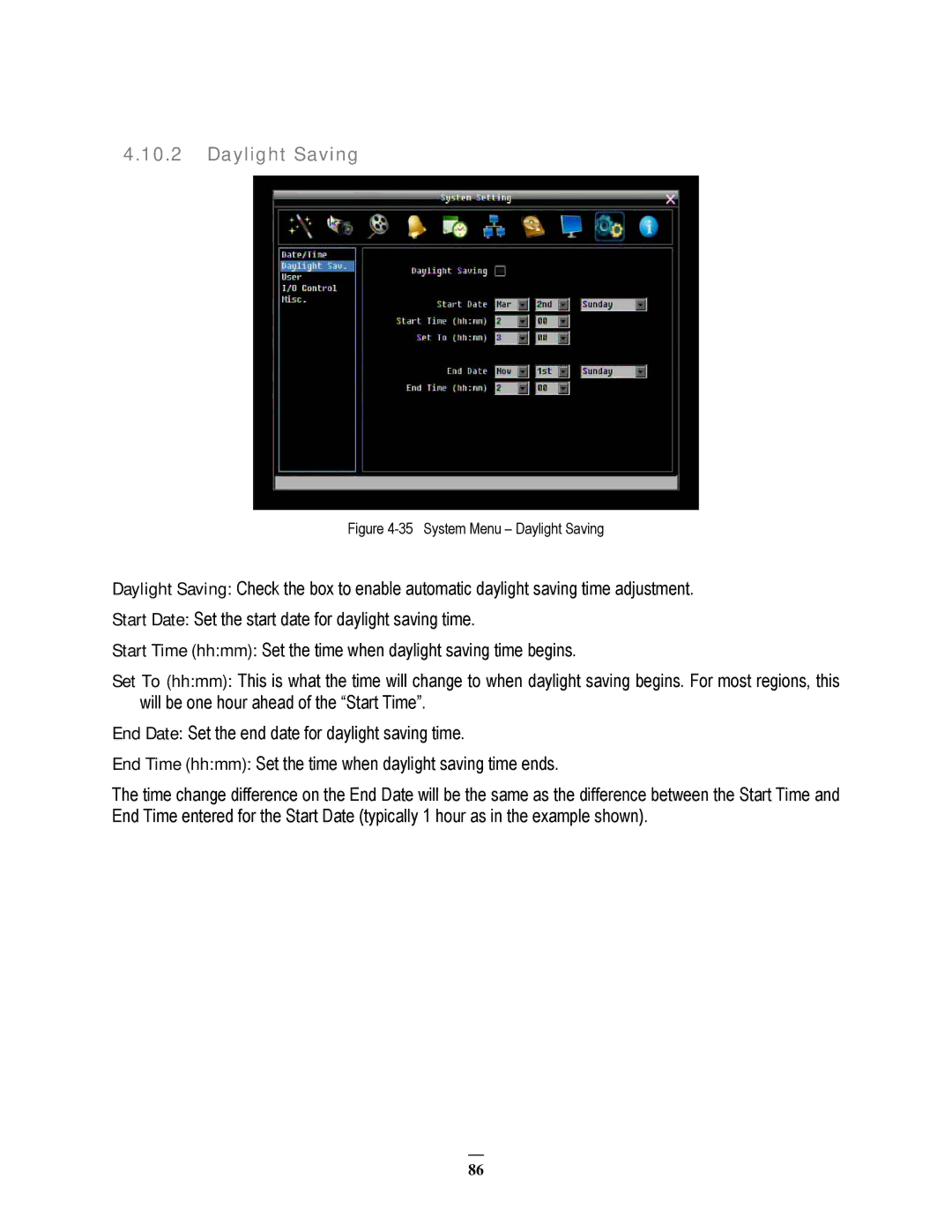 EverFocus EPHD08 user manual System Menu Daylight Saving 