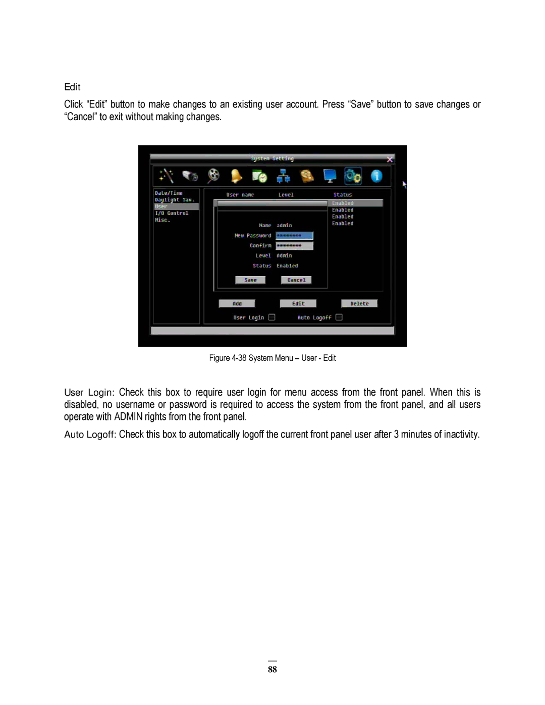 EverFocus EPHD08 user manual System Menu User Edit 