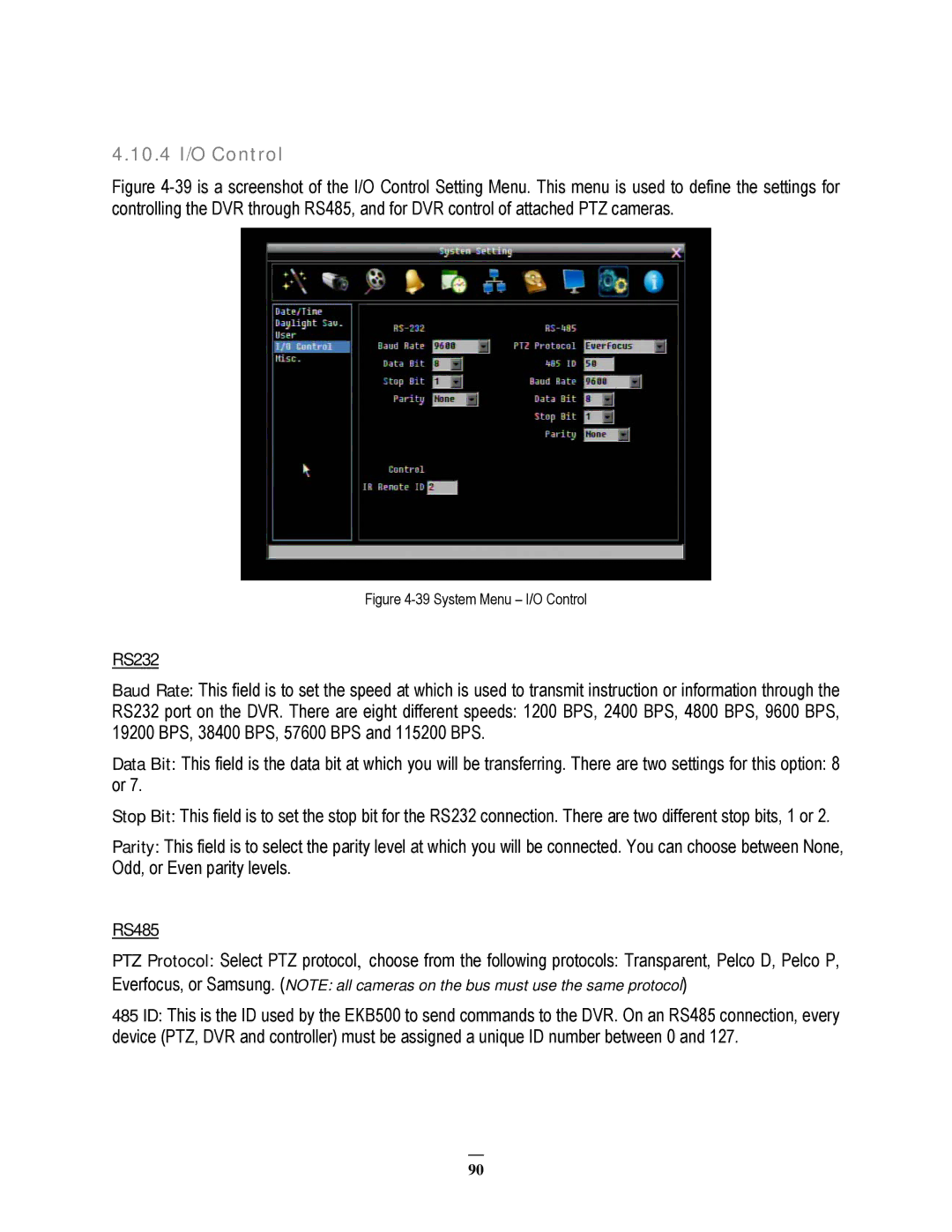 EverFocus EPHD08 user manual 10.4 I/O Control, RS232, RS485 