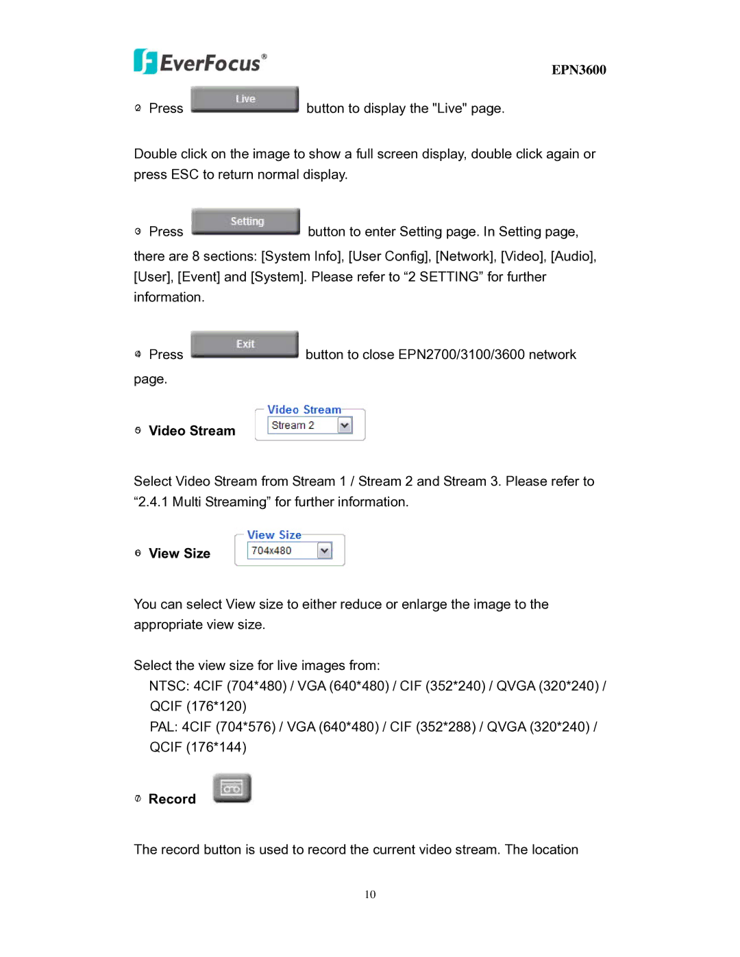 EverFocus EPN3600 user manual Video Stream, View Size, Record 