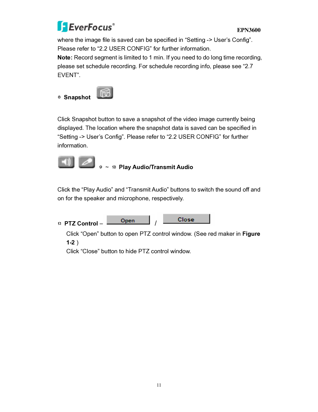 EverFocus EPN3600 user manual Snapshot, ~ 10 Play Audio/Transmit Audio, PTZ Control 