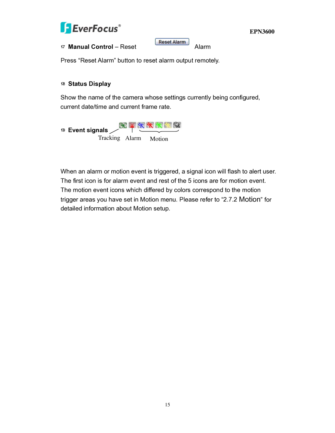 EverFocus EPN3600 user manual Manual Control Reset, Status Display, Event signals 