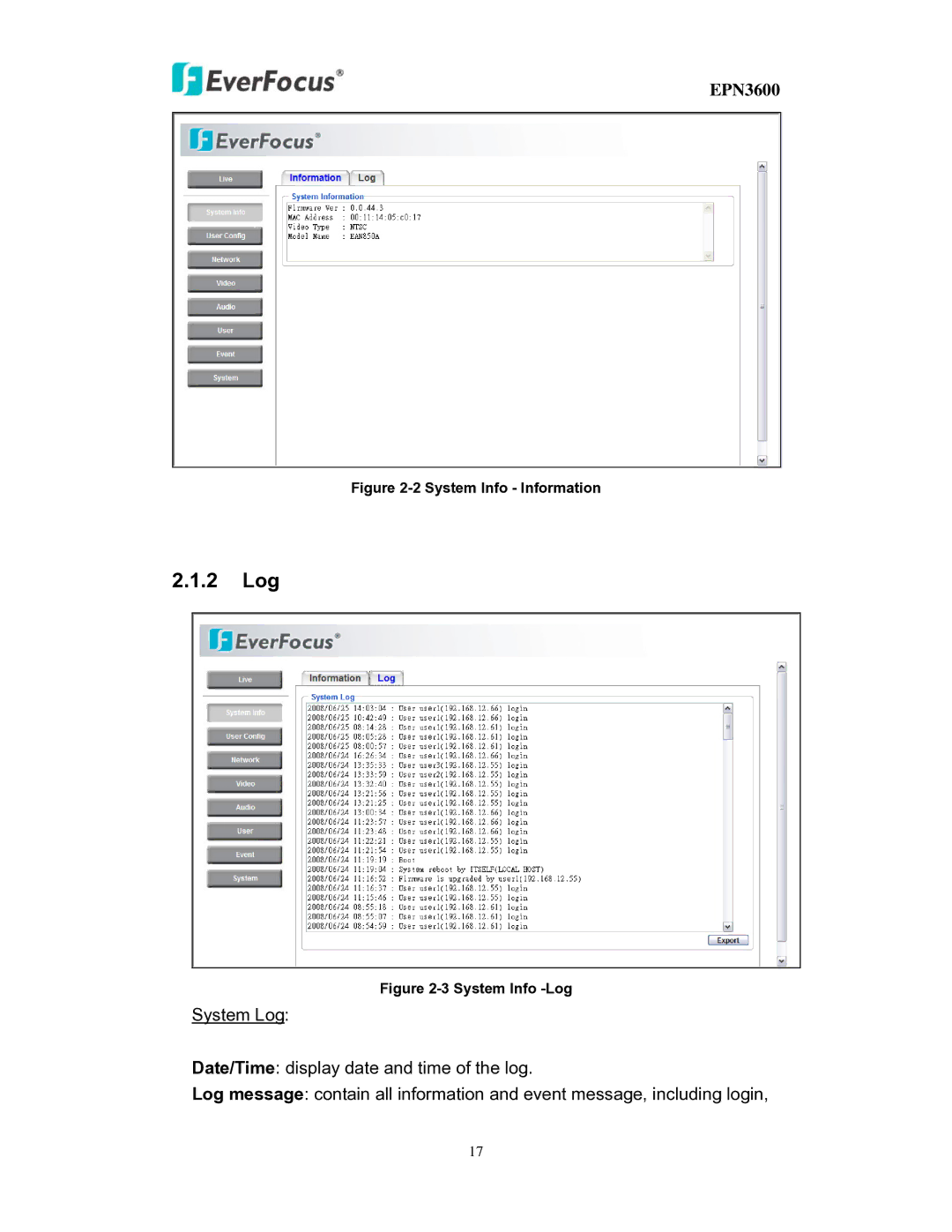 EverFocus EPN3600 user manual 2 Log, System Info Information 