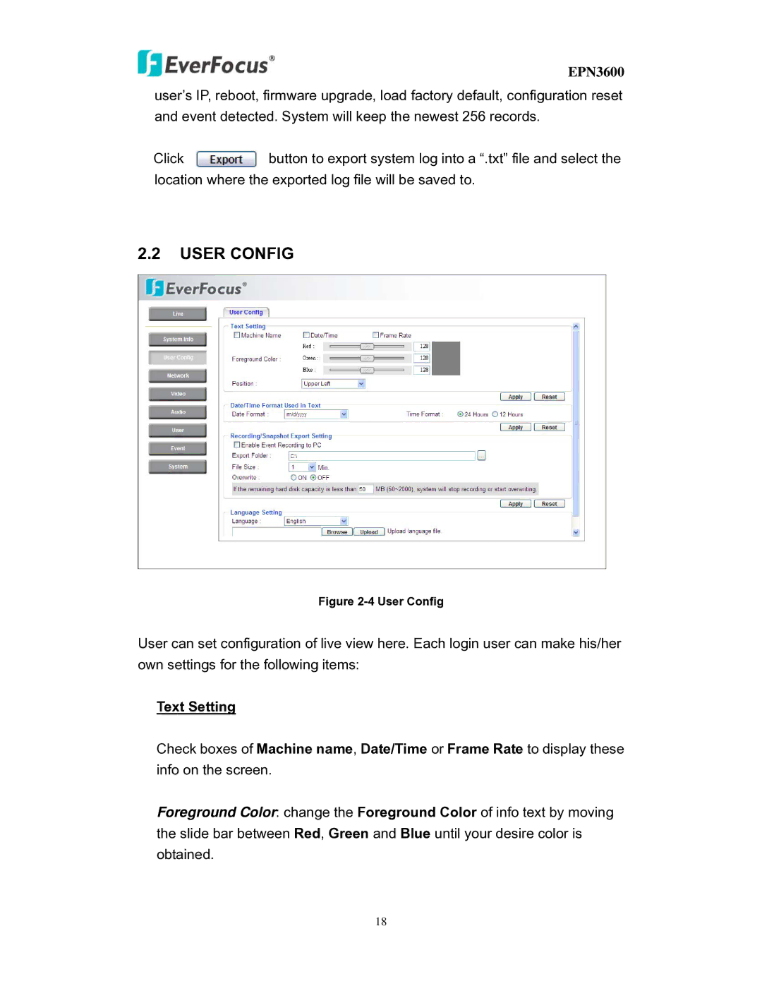 EverFocus EPN3600 user manual User Config, Text Setting 