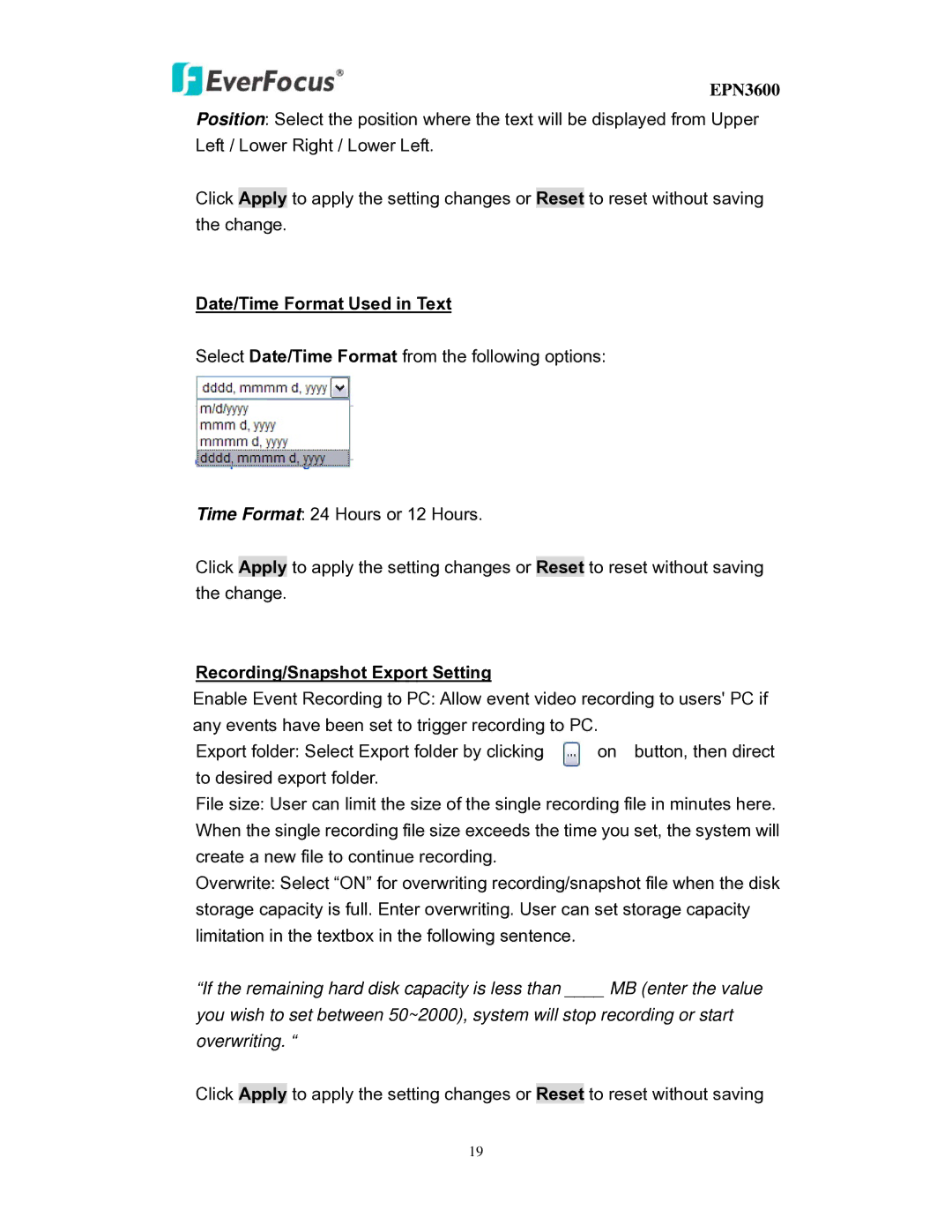 EverFocus EPN3600 user manual Date/Time Format Used in Text, Recording/Snapshot Export Setting 