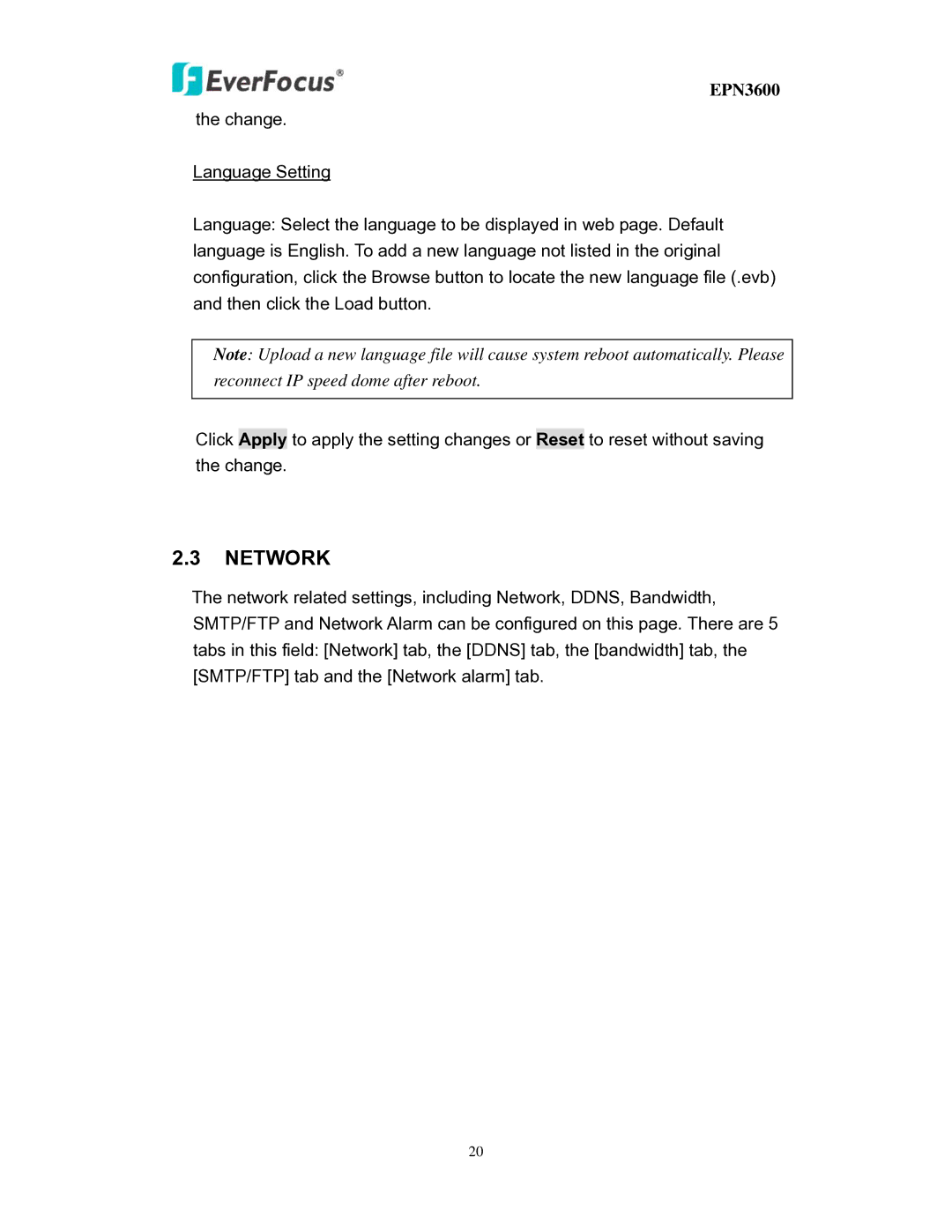 EverFocus EPN3600 user manual Network 