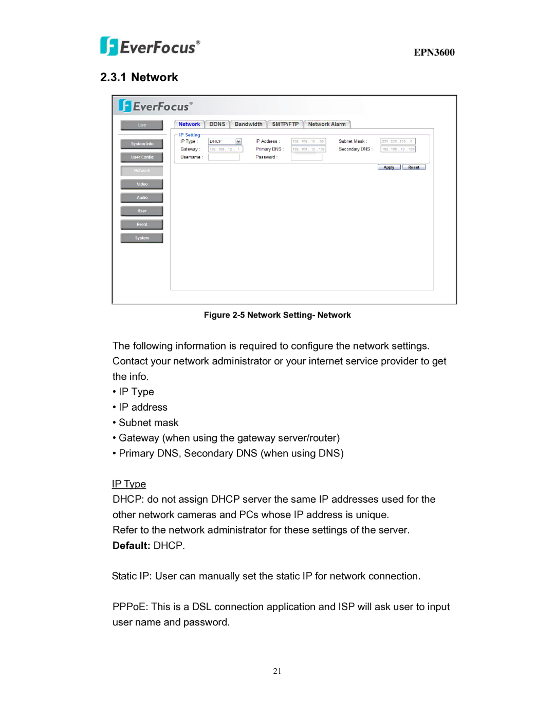 EverFocus EPN3600 user manual Network Setting- Network 