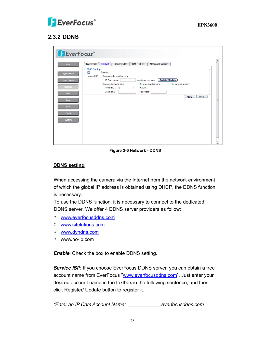 EverFocus EPN3600 user manual Ddns setting 