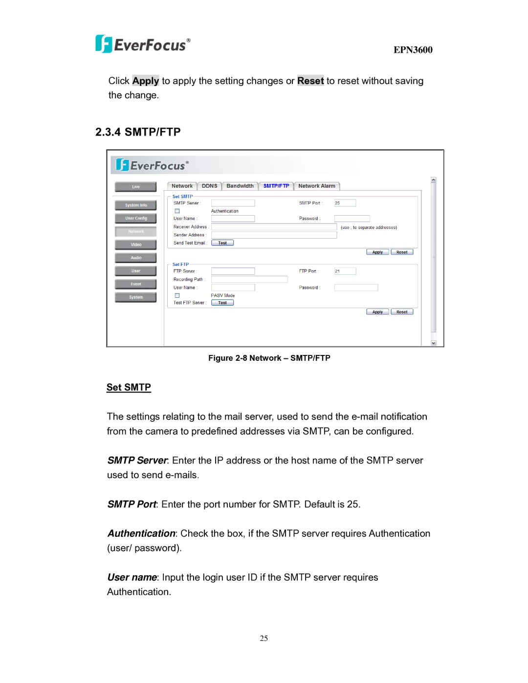 EverFocus EPN3600 user manual Smtp/Ftp, Set Smtp 