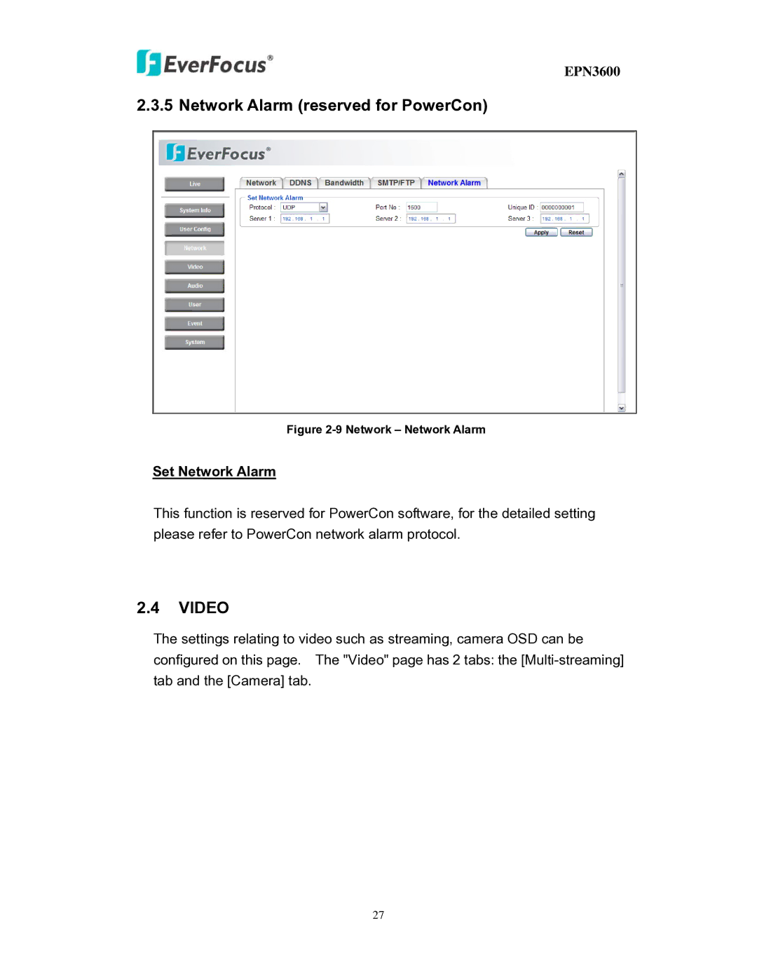 EverFocus EPN3600 user manual Network Alarm reserved for PowerCon, Video, Set Network Alarm 