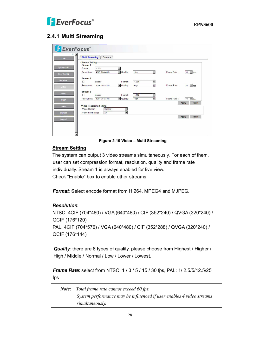 EverFocus EPN3600 user manual Multi Streaming, Stream Setting 