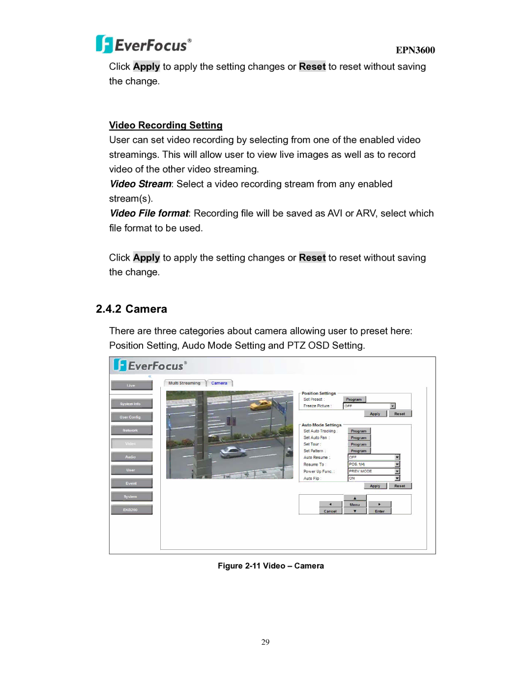 EverFocus EPN3600 user manual Camera, Video Recording Setting 