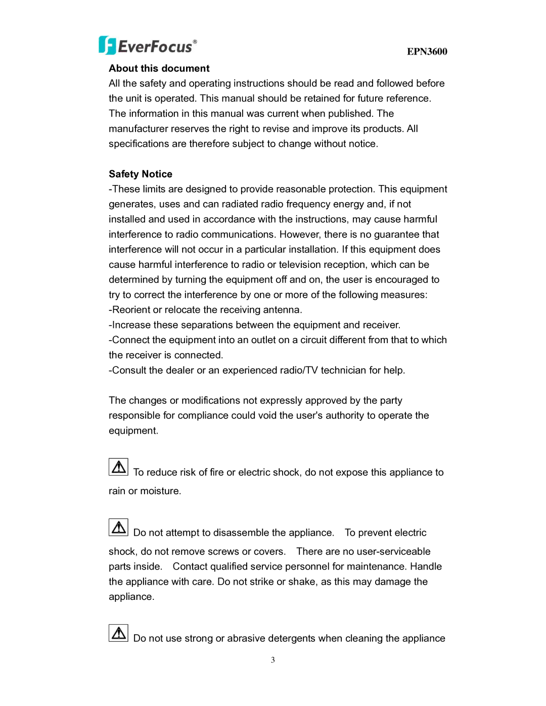 EverFocus EPN3600 user manual About this document, Safety Notice 