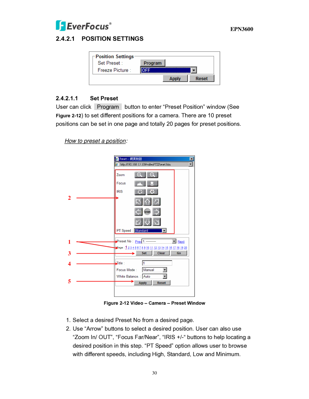 EverFocus EPN3600 user manual Position Settings, Set Preset 