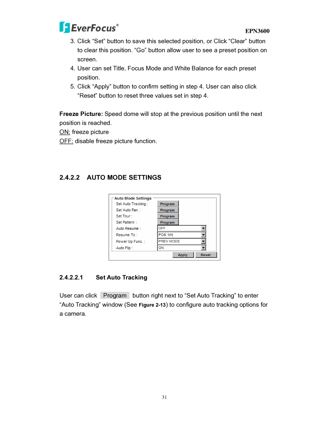 EverFocus EPN3600 user manual Auto Mode Settings, Set Auto Tracking 