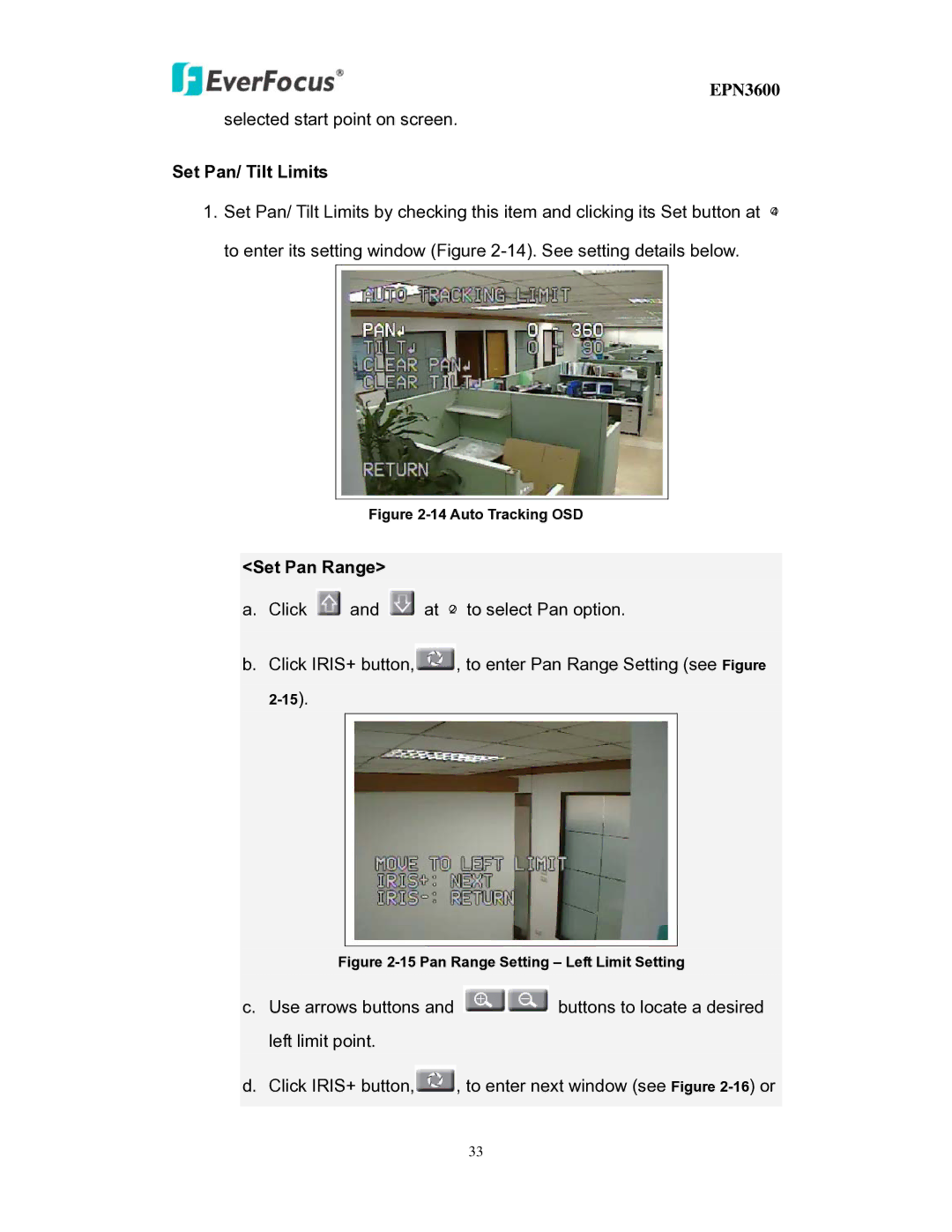 EverFocus EPN3600 user manual Set Pan/ Tilt Limits, Set Pan Range 