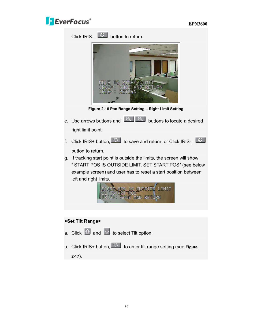 EverFocus EPN3600 user manual Set Tilt Range, Pan Range Setting Right Limit Setting 