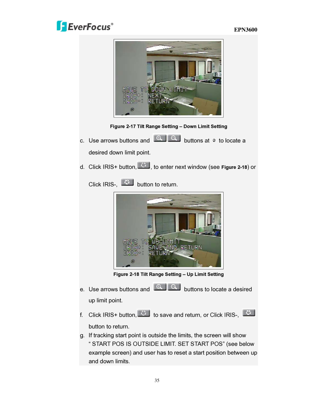 EverFocus EPN3600 user manual Tilt Range Setting Down Limit Setting 