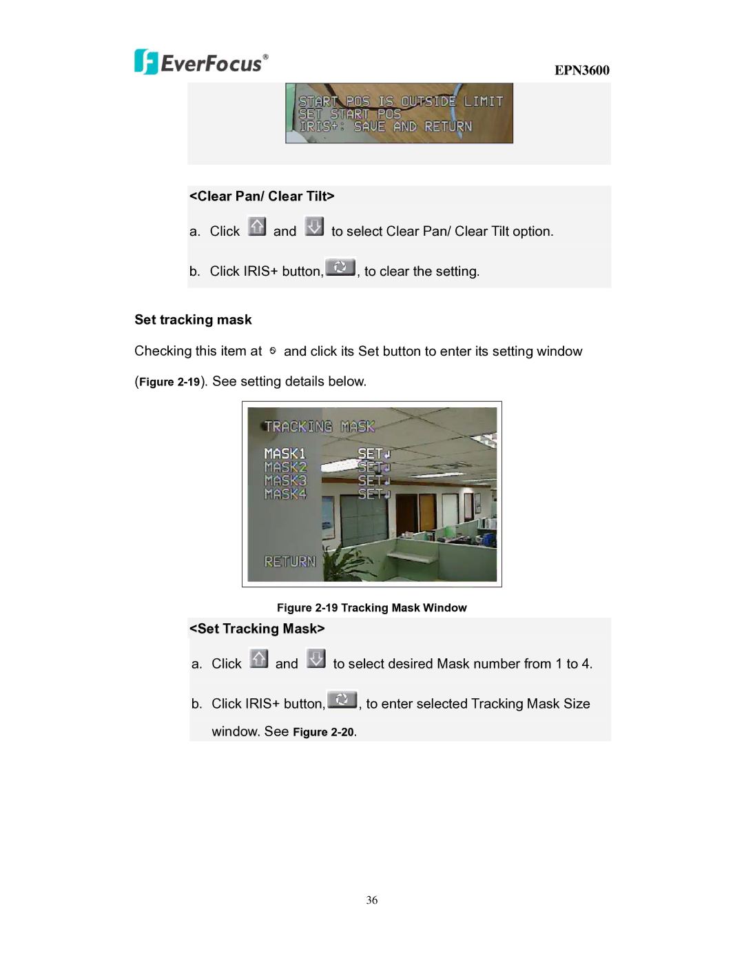 EverFocus EPN3600 user manual Clear Pan/ Clear Tilt, Set tracking mask 
