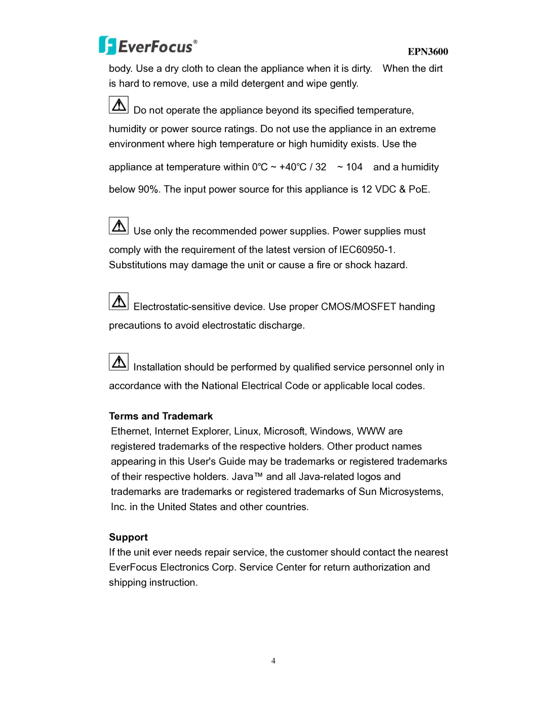 EverFocus EPN3600 user manual Terms and Trademark, Support 