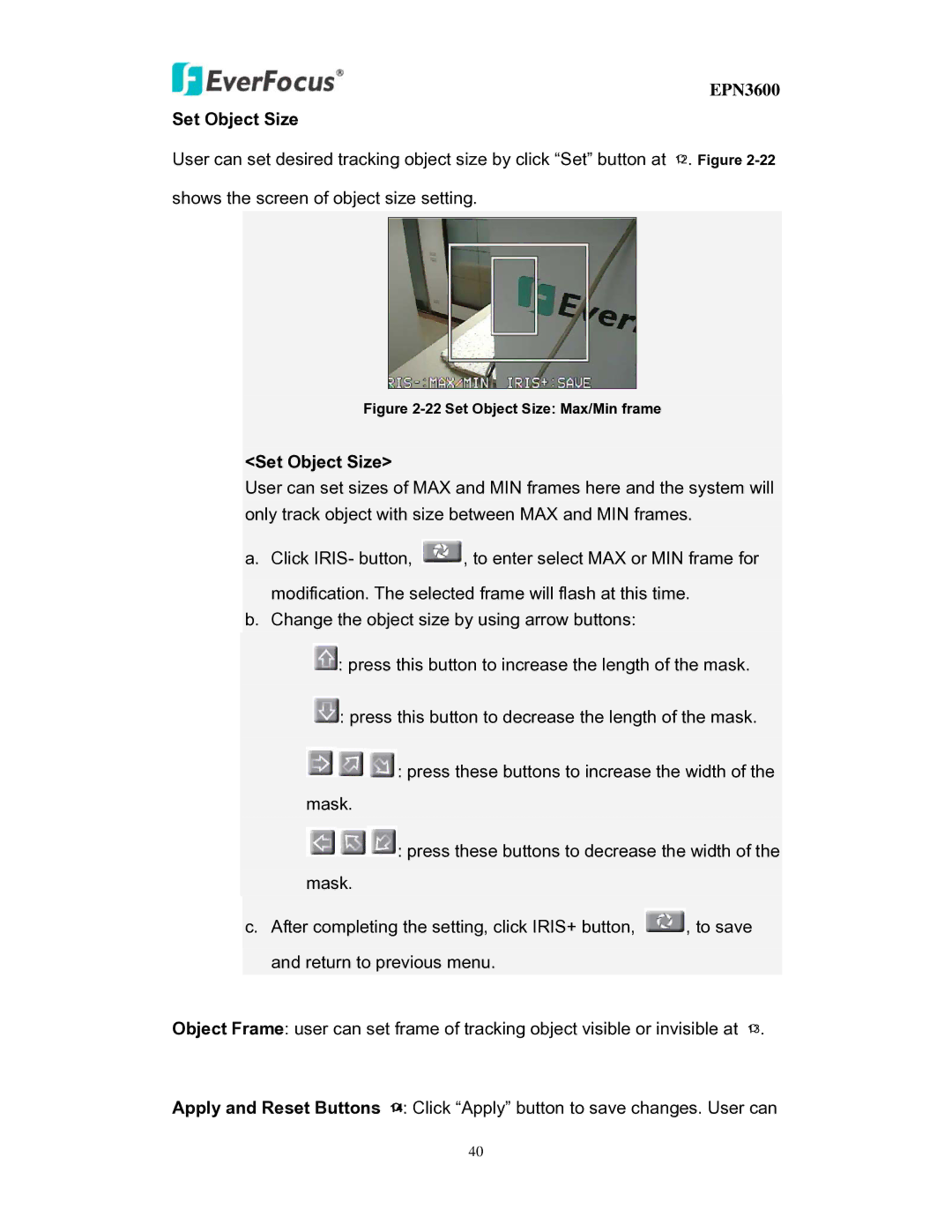 EverFocus EPN3600 user manual Set Object Size Max/Min frame 