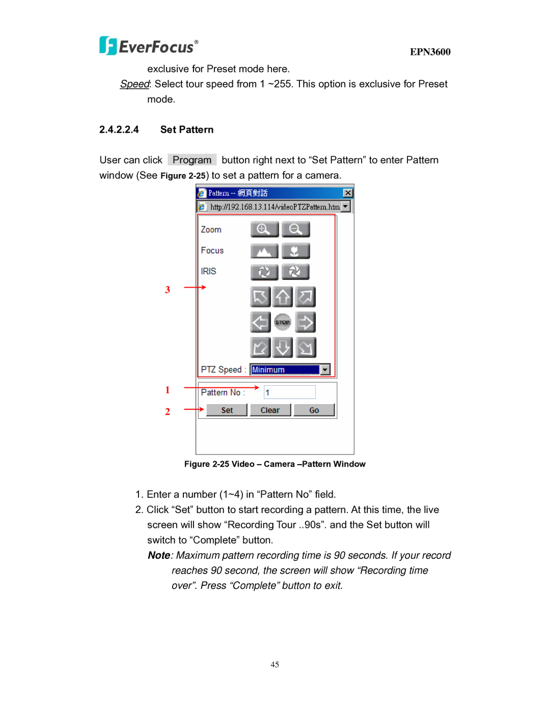 EverFocus EPN3600 user manual Set Pattern, Video Camera -Pattern Window 